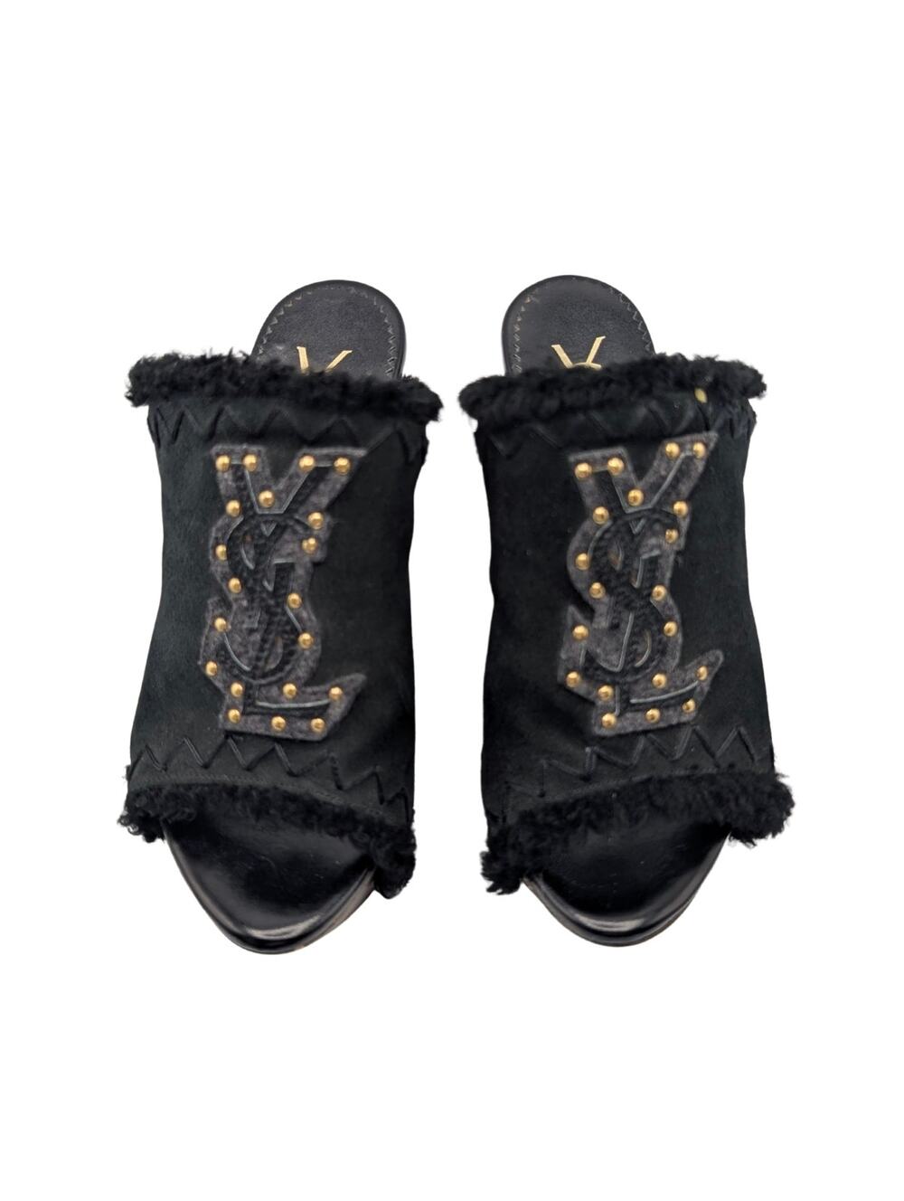 Yves Saint Laurent Black Shearling YSL Studded Platform Wedge Clog Mules Size 37